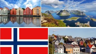 Collage featuring colorful hotels in Bergen, an aerial view of the Lofoten Islands, the flag of Norway, and an aerial view of houses in Tromsø.