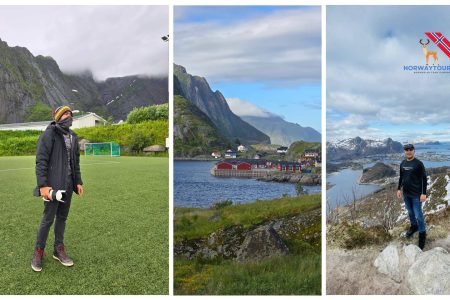 Collage of happy travelers on the 11 days Norway northern lights tour package with eutrails.com