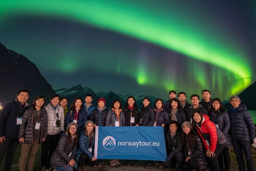 Group of tourists enjoying long duration Northern lights tour from Tromso holding a eutrails.com banner under the Aurora Borealis