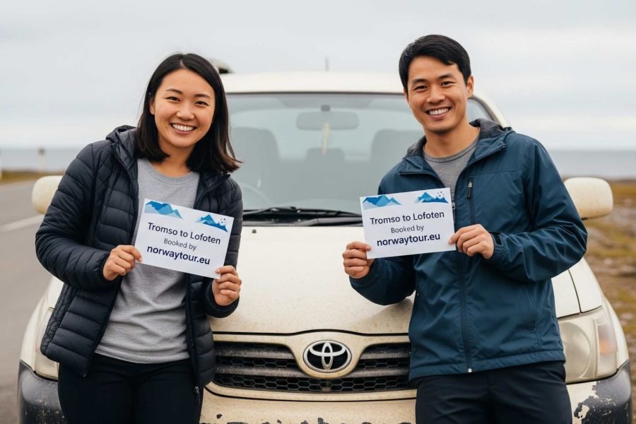 Singaporean couple smiling and holding a placard that reads “Tromso to Lofoten by eutrails.com” in front of a private cab, showcasing Private cab transfers from Tromso to Lofoten - Svolvaer.