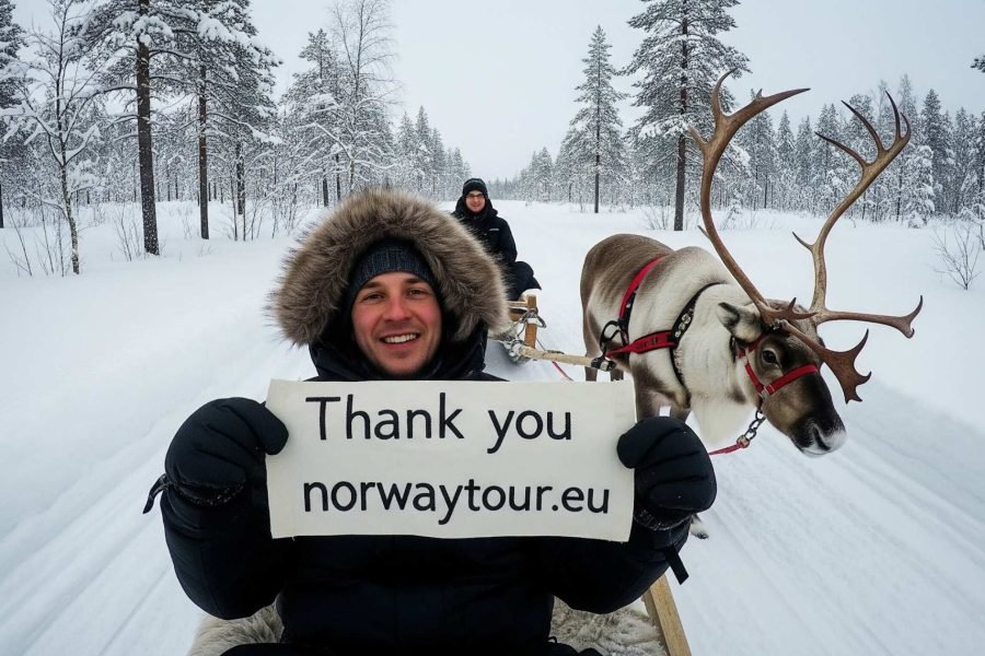Tourist holding an A4 paper with eutrails.com logo, sitting on a reindeer sledge during a scenic Reindeer Sledge tour in Tromso