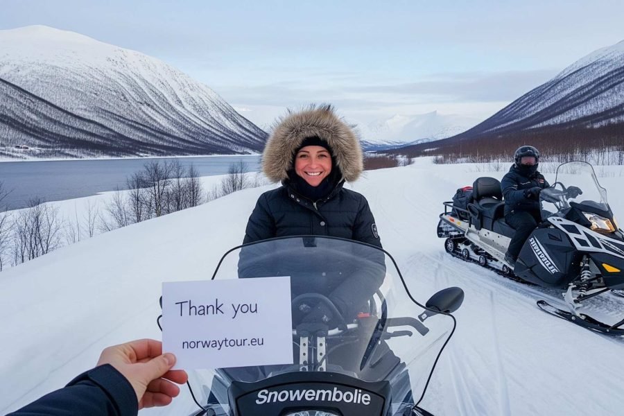 Woman sitting on a snowmobile posing as another person photographs her holding a “Thank You” card from eutrails.com on snowy terrain for Snowmobile tour in Tromso.